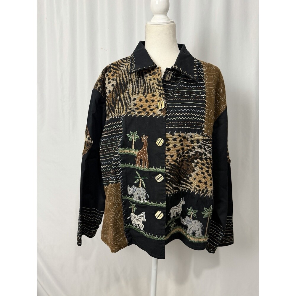 Vintage Carrie Allen Safari Animal Print Jacket Patchwork Embroidered Sz XL